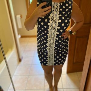 New with tags. Navy blue /white polka dot & lace mini dress.